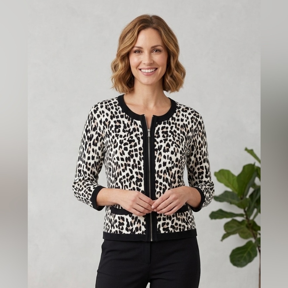 New White House Black Market Leopard knit Cardigan Zip Closure 3/4 Sleeves XS